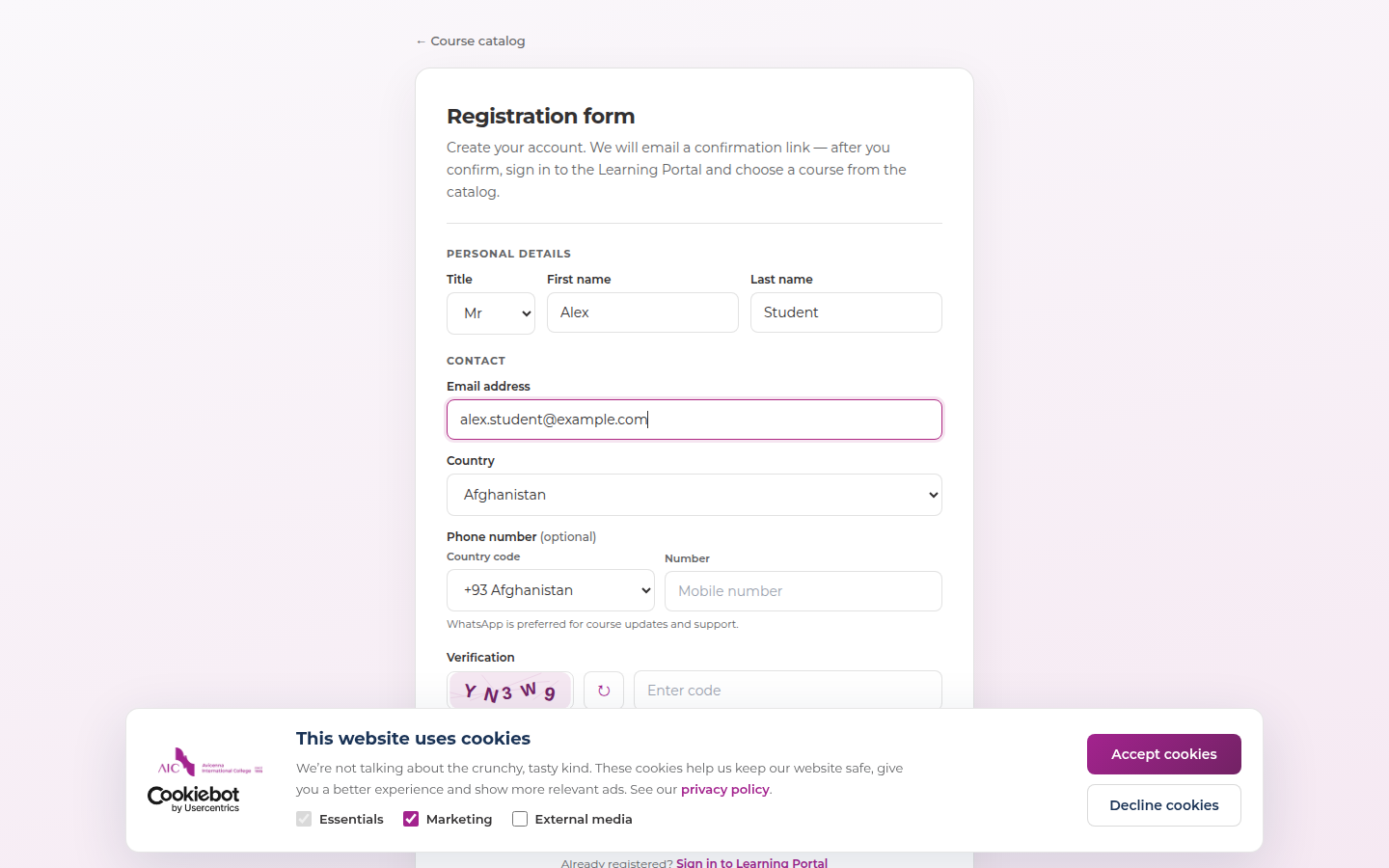 Registration form